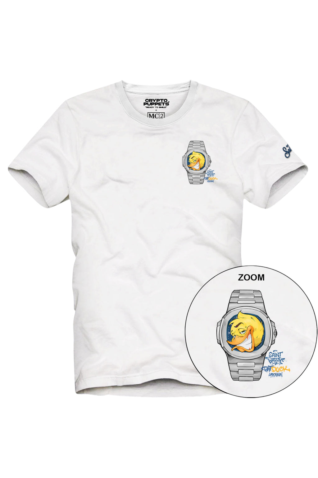 Close-up dettagli t-shirt bianco stampa Saint Barth cotone CPT