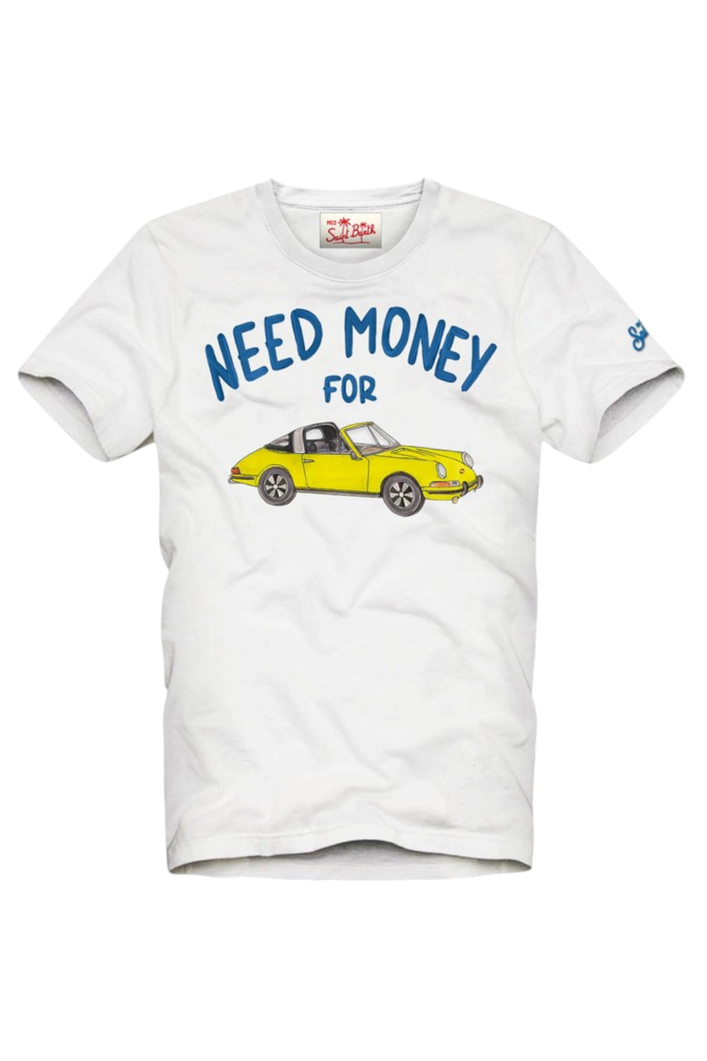 Close-up dettagli t-shirt bianco scritta “NEED MONEY FOR” Saint Barth cotone