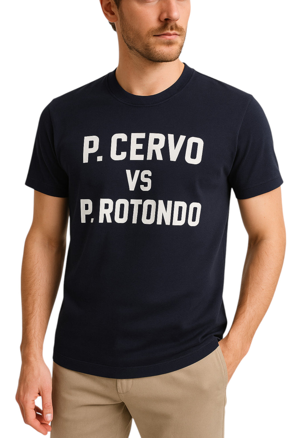 Vista da dietro t-shirt blu scritta “P. Cervo vs P. Rotondo” Saint Barth cotone