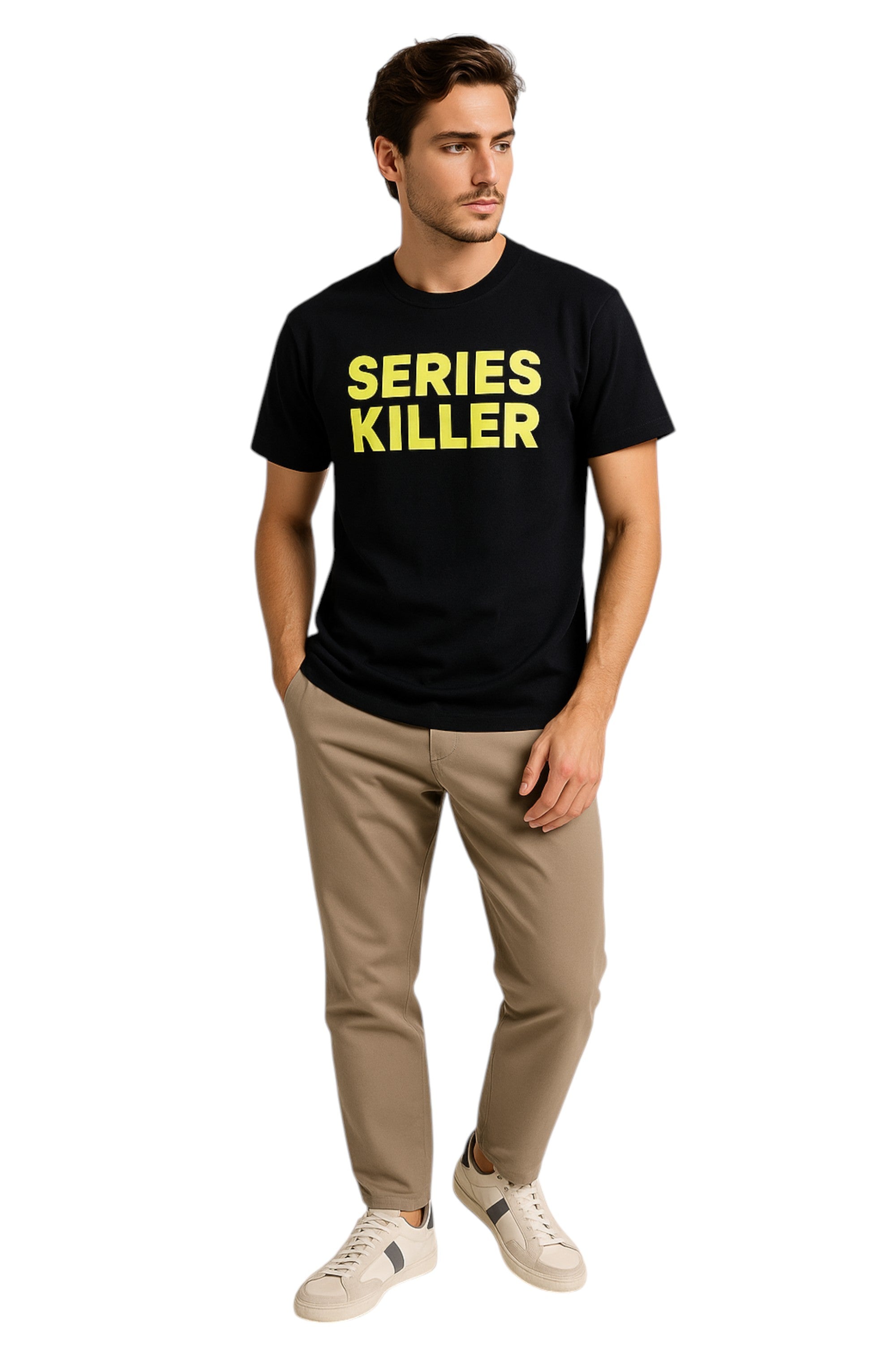 Close-up dettagli t-shirt nero scritta “SERIES KILLER” Saint Barth cotone