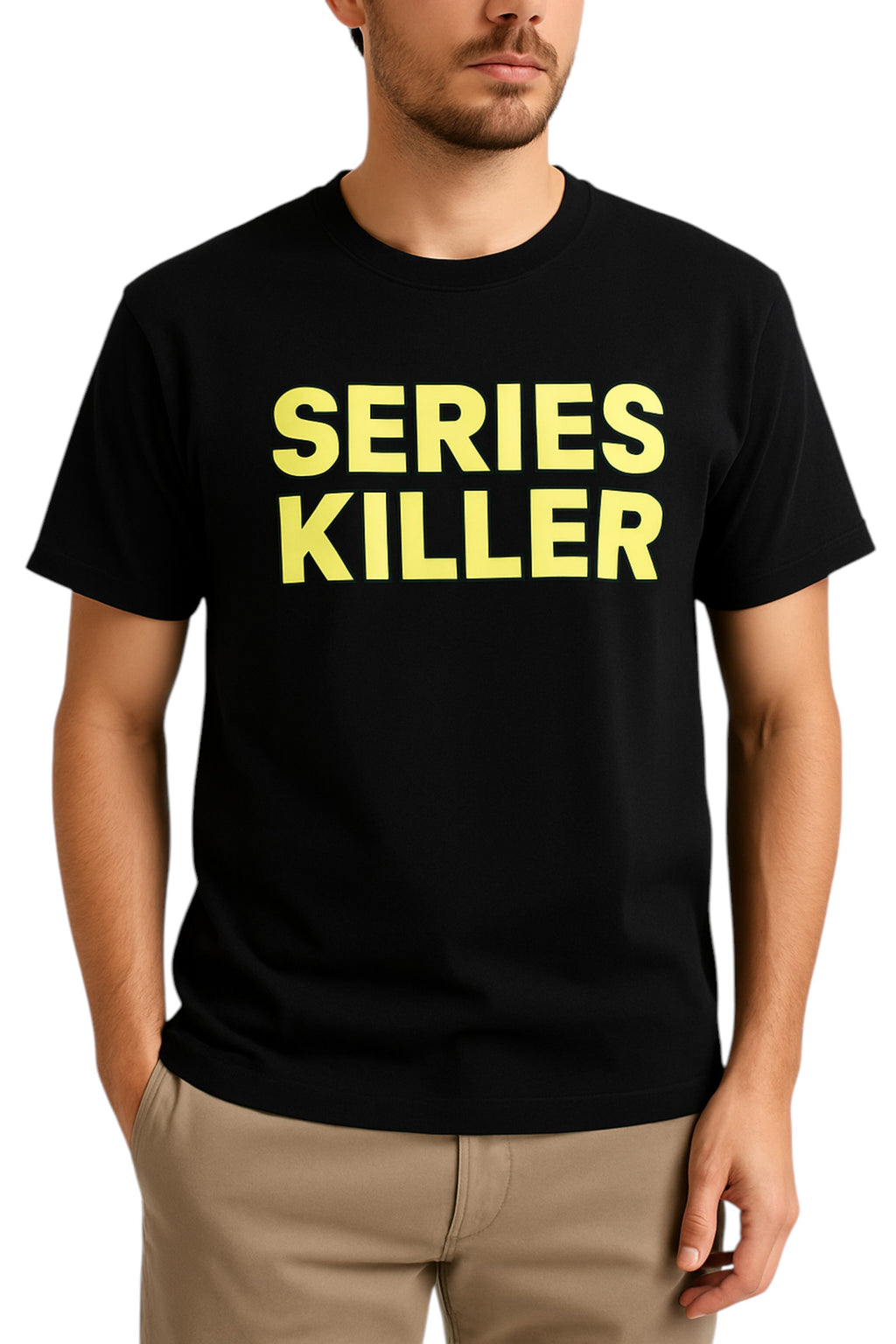 Modello a 45 gradi t-shirt nero scritta “SERIES KILLER” Saint Barth cotone