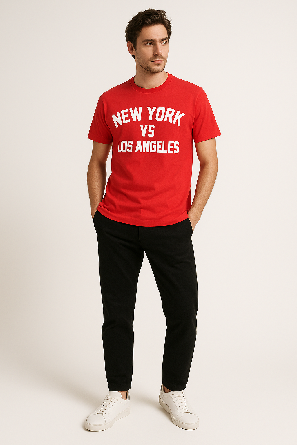 Dettaglio t-shirt rosso scritta “New York vs Los Angele” Saint Barth cotone