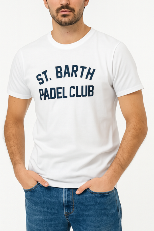 Close-up dettagli t-shirt bianco stampa Saint Barth cotone Arnott