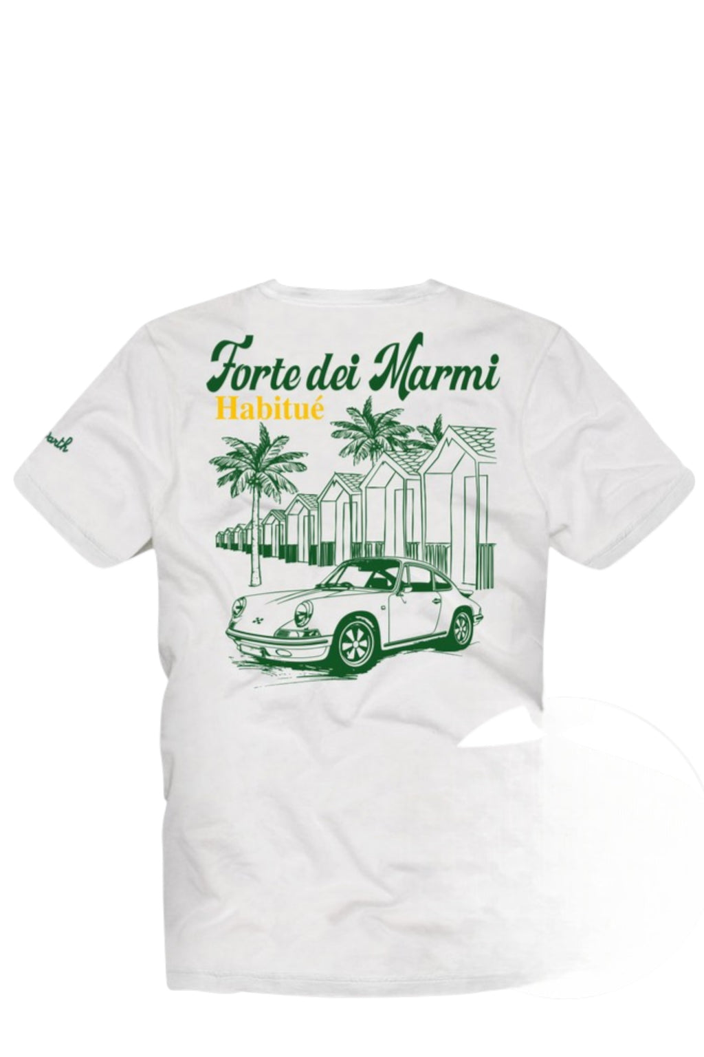 Dettaglio t-shirt bianco scritta “Forte dei Marmi Habitu” Saint Barth cotone
