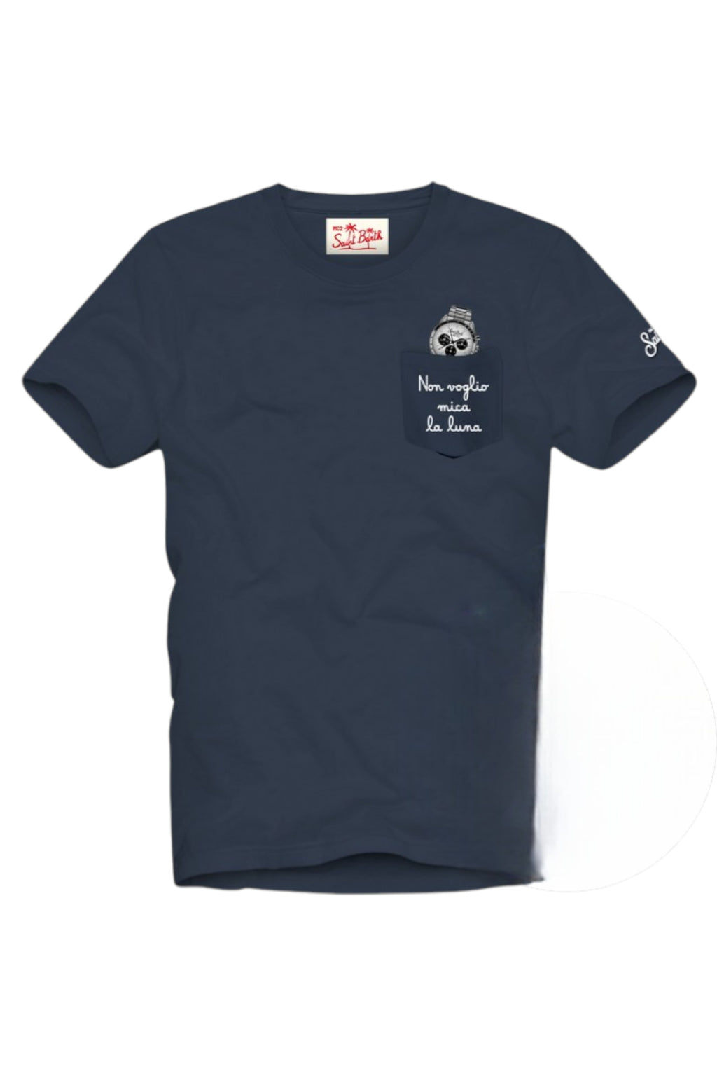 Dettaglio t-shirt blu scritta “Non voglio mica la lun” Saint Barth cotone