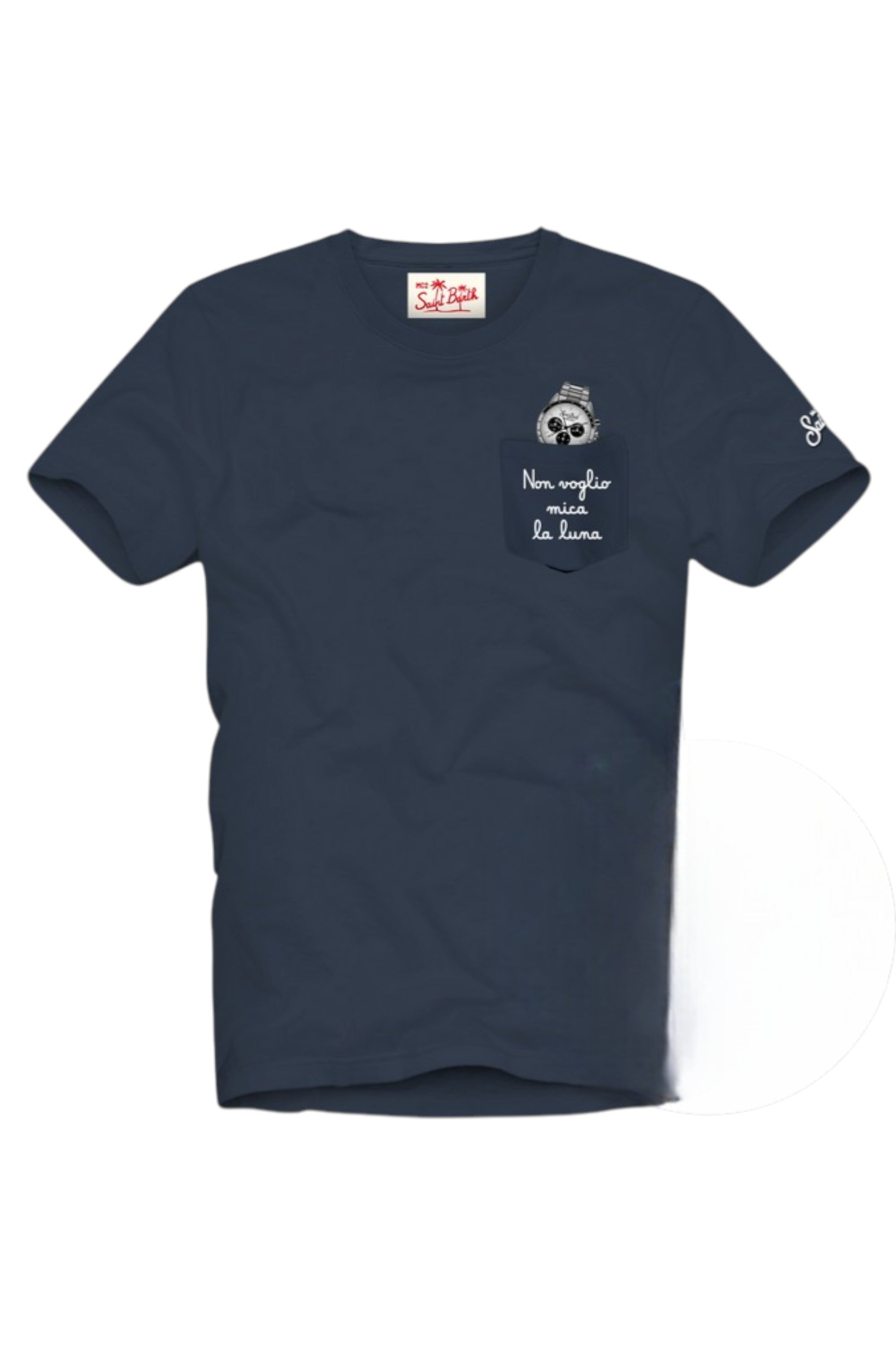 Dettaglio t-shirt blu scritta “Non voglio mica la lun” Saint Barth cotone