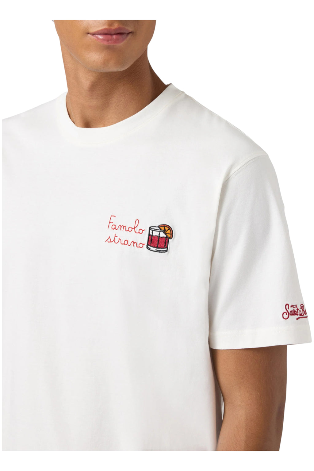 Vista da dietro t-shirt bianco scritta “Famolo Strano” Saint Barth cotone