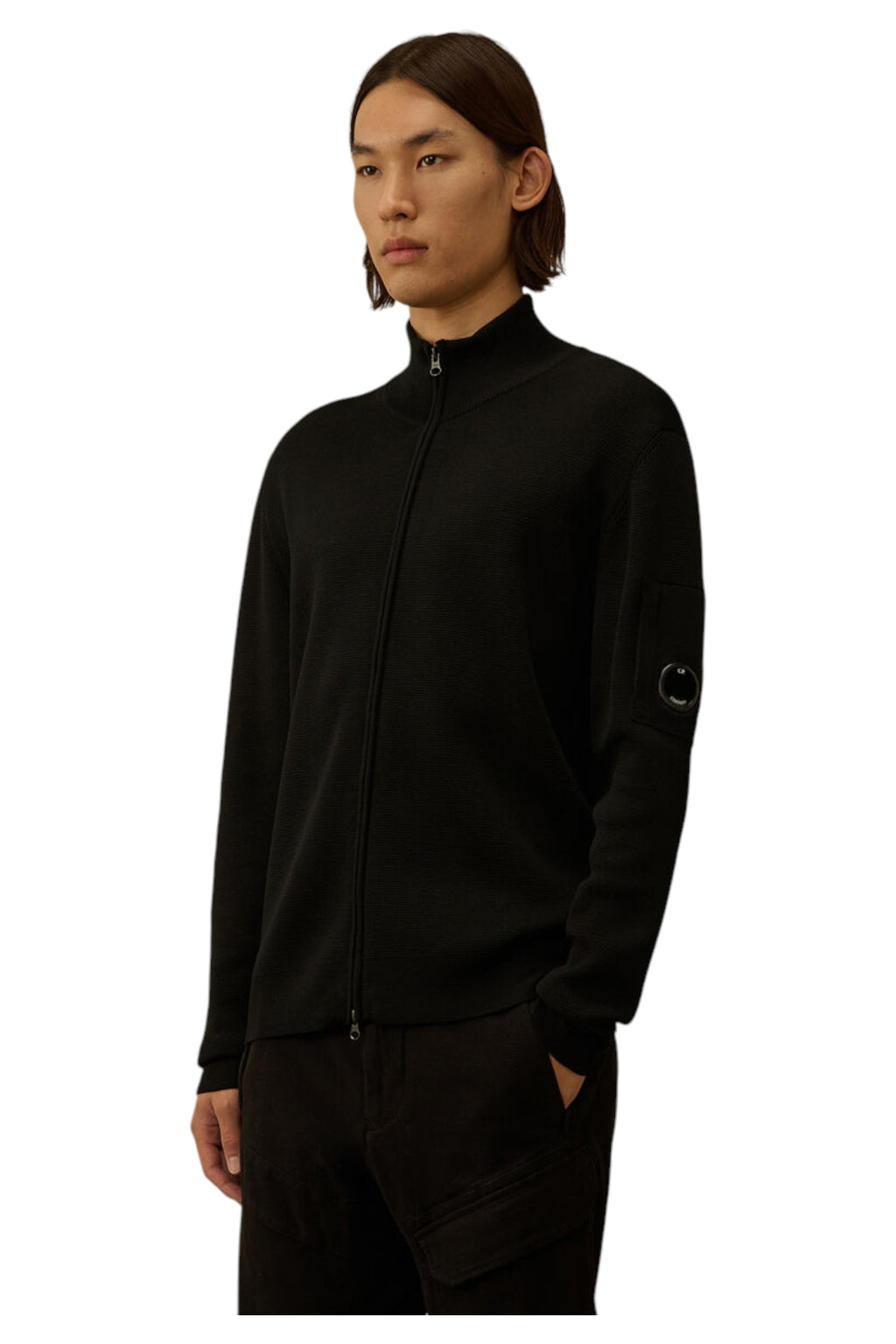 Cardigan frontale, cardigan nero zip C.P. Company da uomo in lana merino