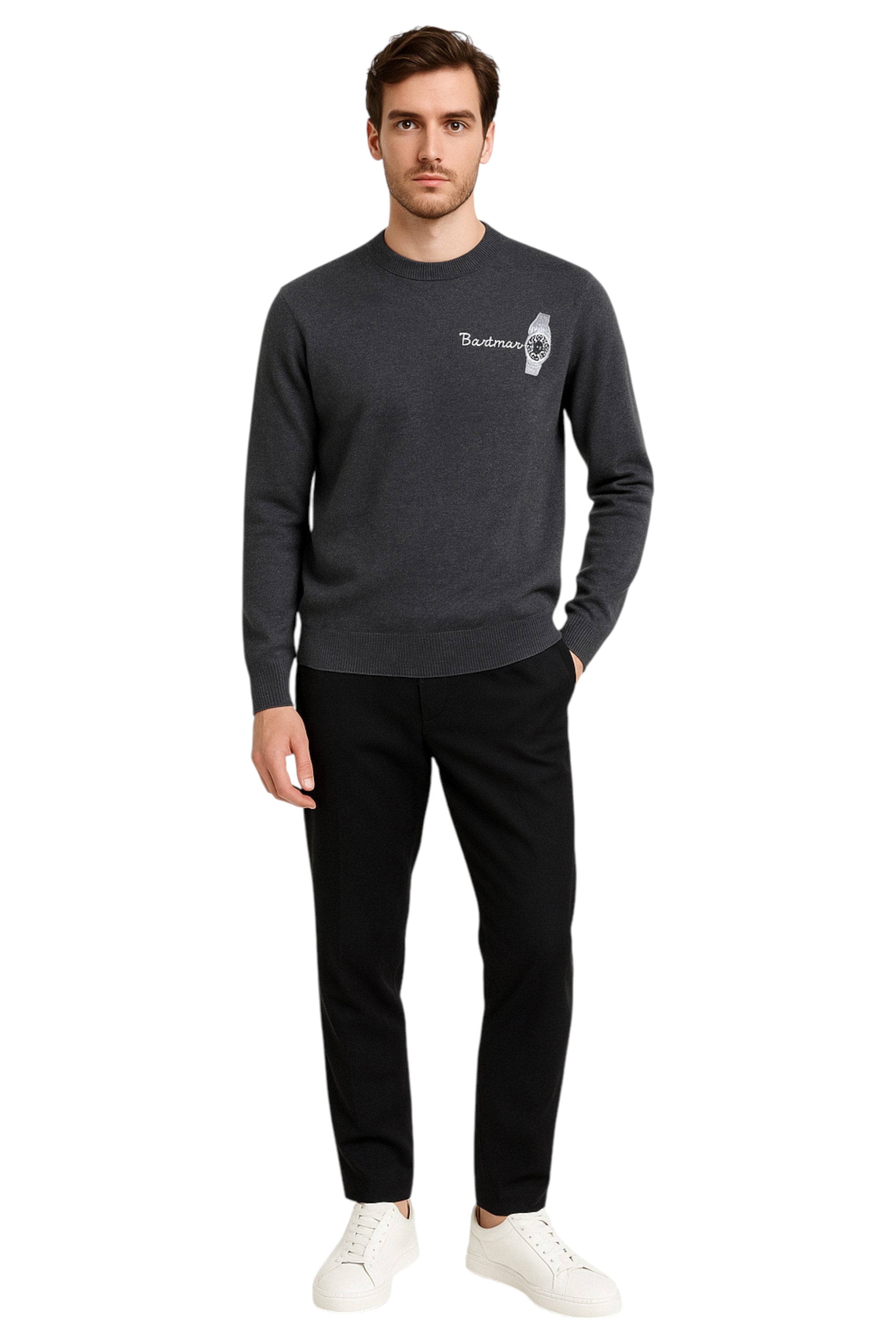 Modello visto da dietro maglione girocollo grigio medio Saint Barth Heron in lana