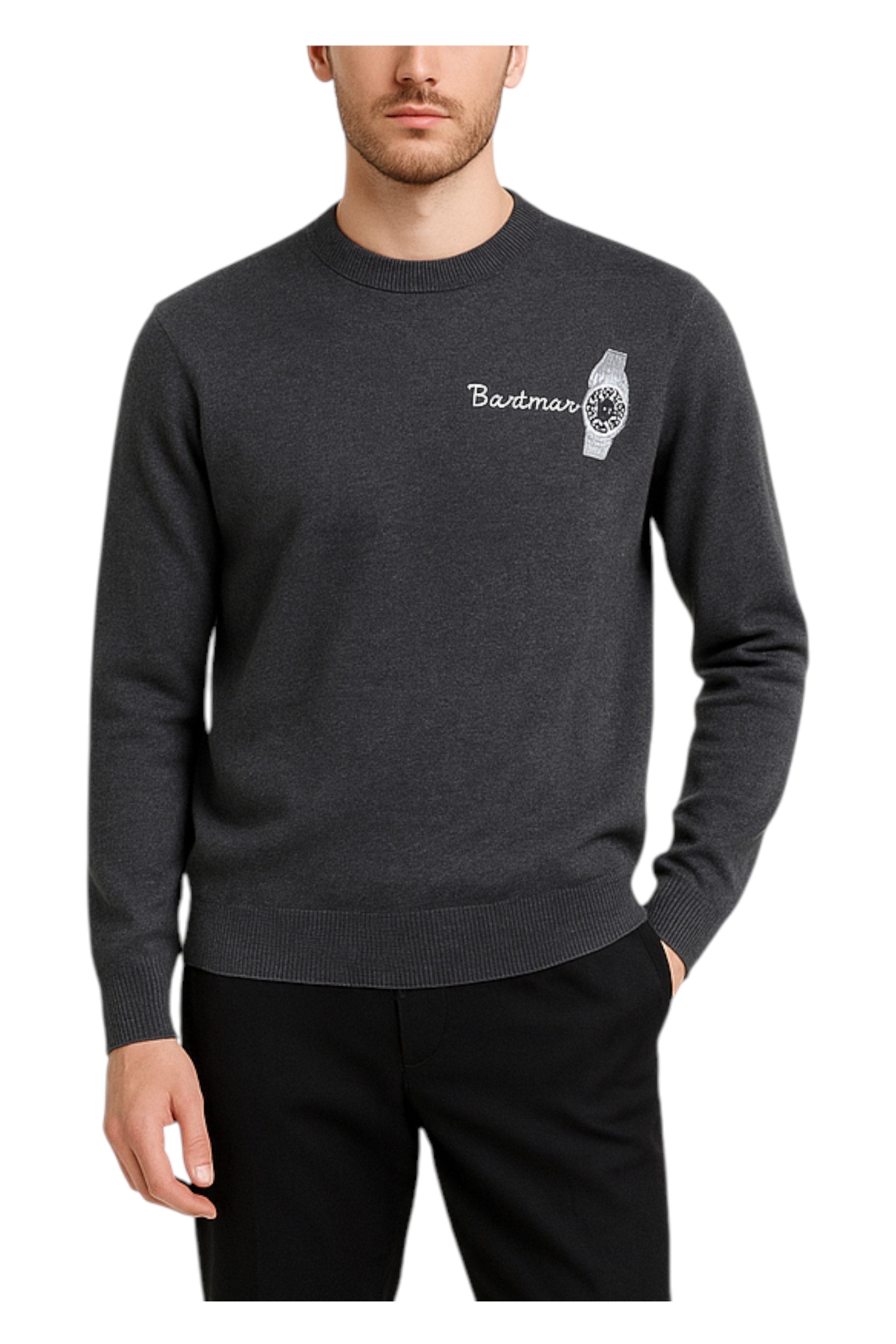 Modello indossa a 45 gradi maglione girocollo grigio medio Saint Barth Heron in lana