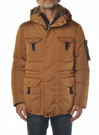 vista del piumino 3/4 cammello con quattro tasche Peuterey in piuma