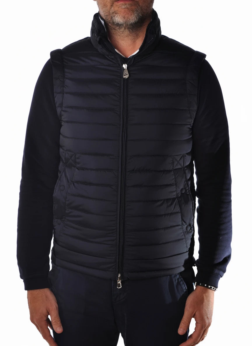 vista del gilet piumino blu con impunture orizzontali Peuterey in piumino