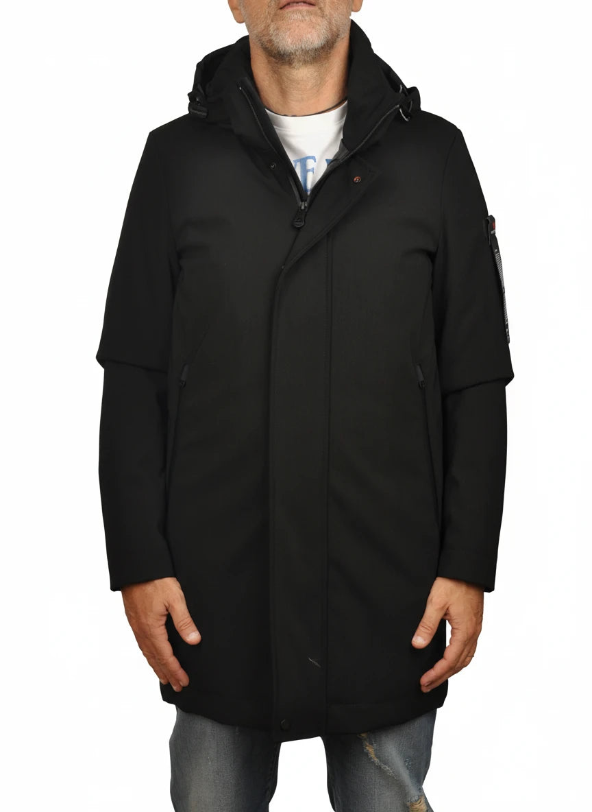 Vista posteriore del parka Peuterey tessuto tecnico nero con cappuccio