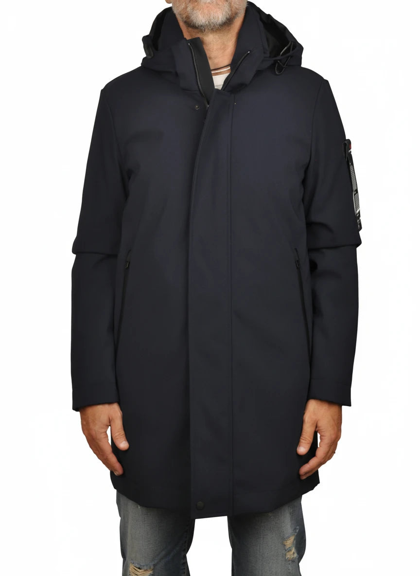 Vista posteriore del parka Peuterey tessuto tecnico blu con cappuccio