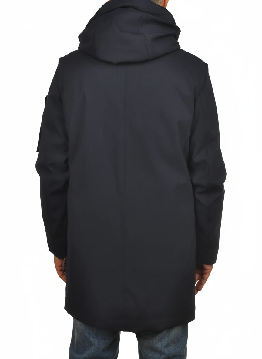 Dettaglio tessuto del parka Peuterey tessuto tecnico blu con cappuccio