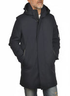 Vista frontale del parka Peuterey tessuto tecnico blu con cappuccio