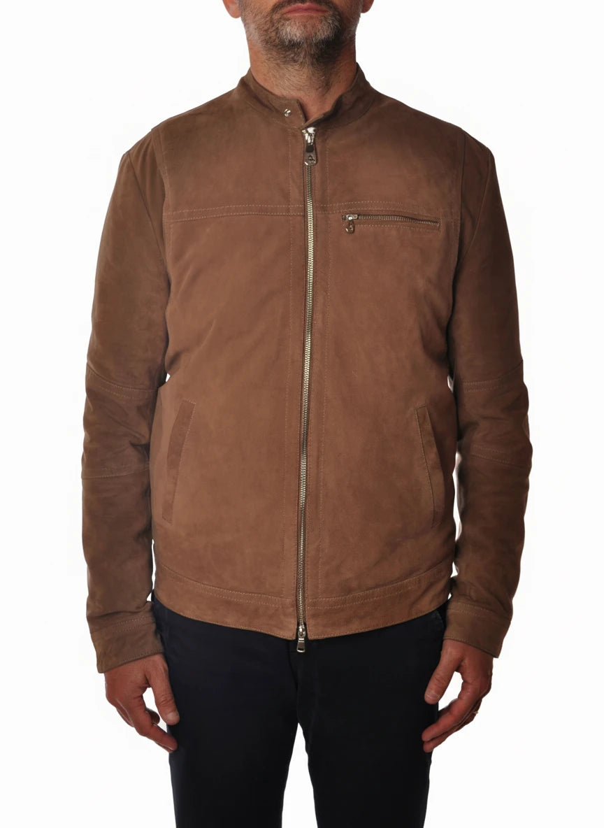 Vista frontale del giubbotto Peuterey pelle scamosciata beige/pelle