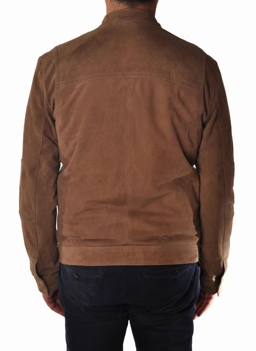 Dettaglio tasche e zip del giubbotto Peuterey pelle scamosciata beige/pelle