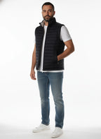 vista a 45° frontale del gilet piumino blu con impunture orizzontali Peuterey in piumino