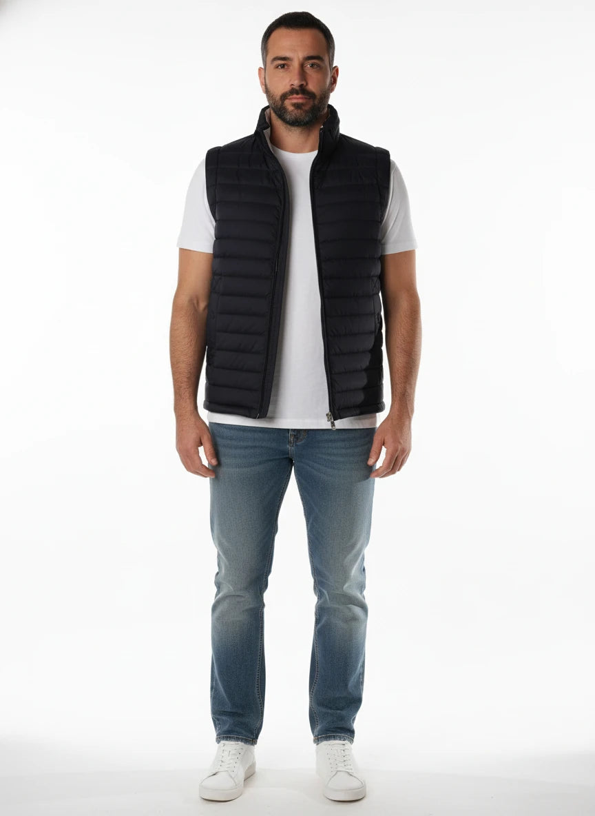 vista frontale del gilet piumino blu con impunture orizzontali Peuterey in piumino