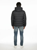 vista posteriore del piumino blu con cappuccio estraibile Peuterey in piuma