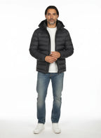 vista frontale del piumino blu con cappuccio estraibile Peuterey in piuma