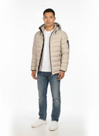 vista a 45° frontale del piumino ghiaccio con cappuccio estraibile Peuterey in piuma