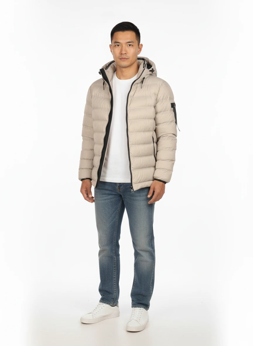 vista a 45° frontale del piumino ghiaccio con cappuccio estraibile Peuterey in piuma