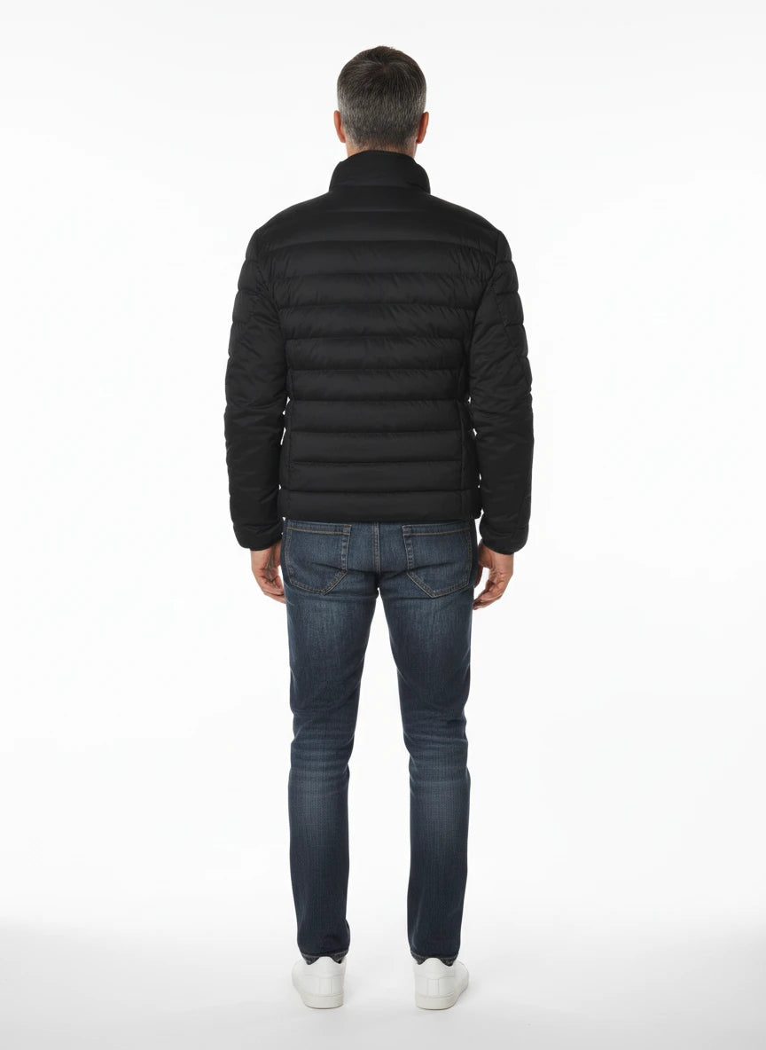 vista posteriore del piumino corto blu con avvitato Peuterey in tessuto stretch