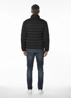 vista posteriore del piumino corto blu con avvitato Peuterey in tessuto stretch