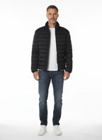 vista frontale del piumino corto blu con avvitato Peuterey in tessuto stretch