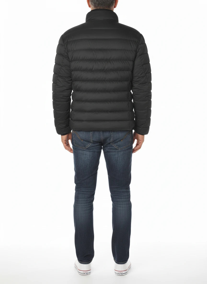 vista posteriore del piumino corto grigio con avvitato Peuterey in tessuto stretch