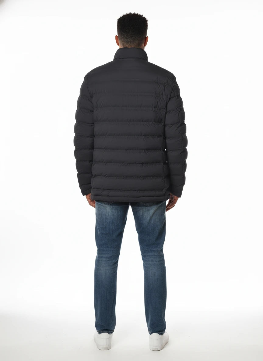 vista posteriore del piumino blu con collo in piedi Peuterey in tessuto stretch