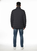 vista posteriore del piumino blu con collo in piedi Peuterey in tessuto stretch