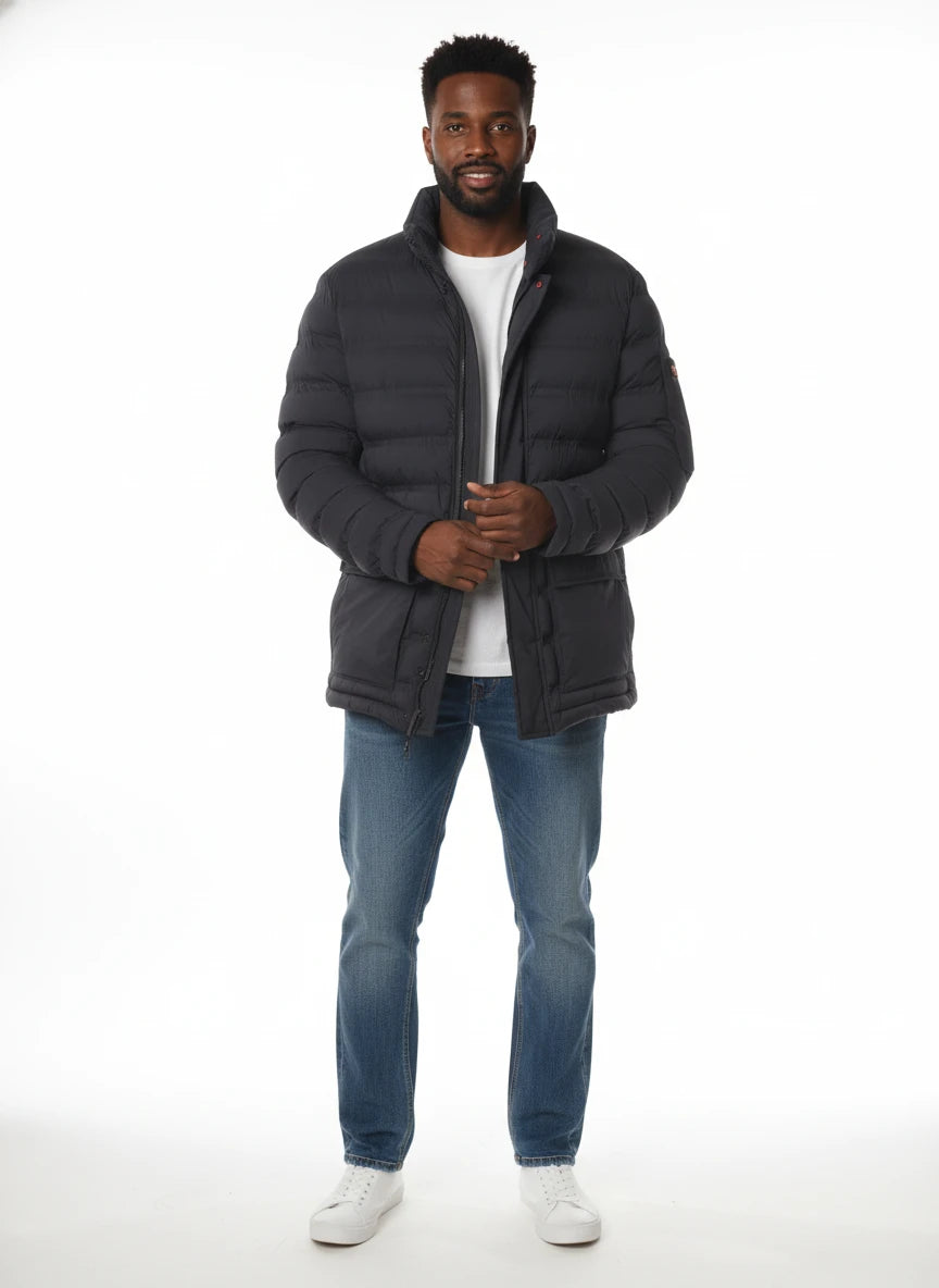 vista frontale del piumino blu con collo in piedi Peuterey in tessuto stretch