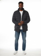 vista frontale del piumino blu con collo in piedi Peuterey in tessuto stretch