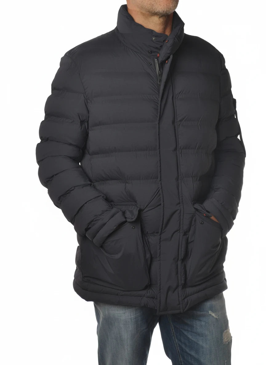 vista del piumino blu con collo in piedi Peuterey in tessuto stretch