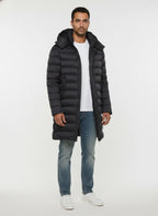 vista a 45° frontale del piumino blu con canali stretti Peuterey in nylon riciclato