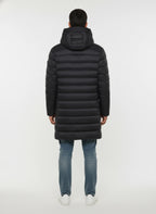 vista posteriore del piumino blu con canali stretti Peuterey in nylon riciclato