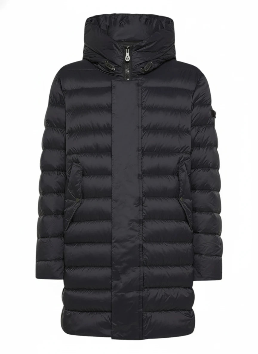 vista del piumino blu con canali stretti Peuterey in nylon riciclato