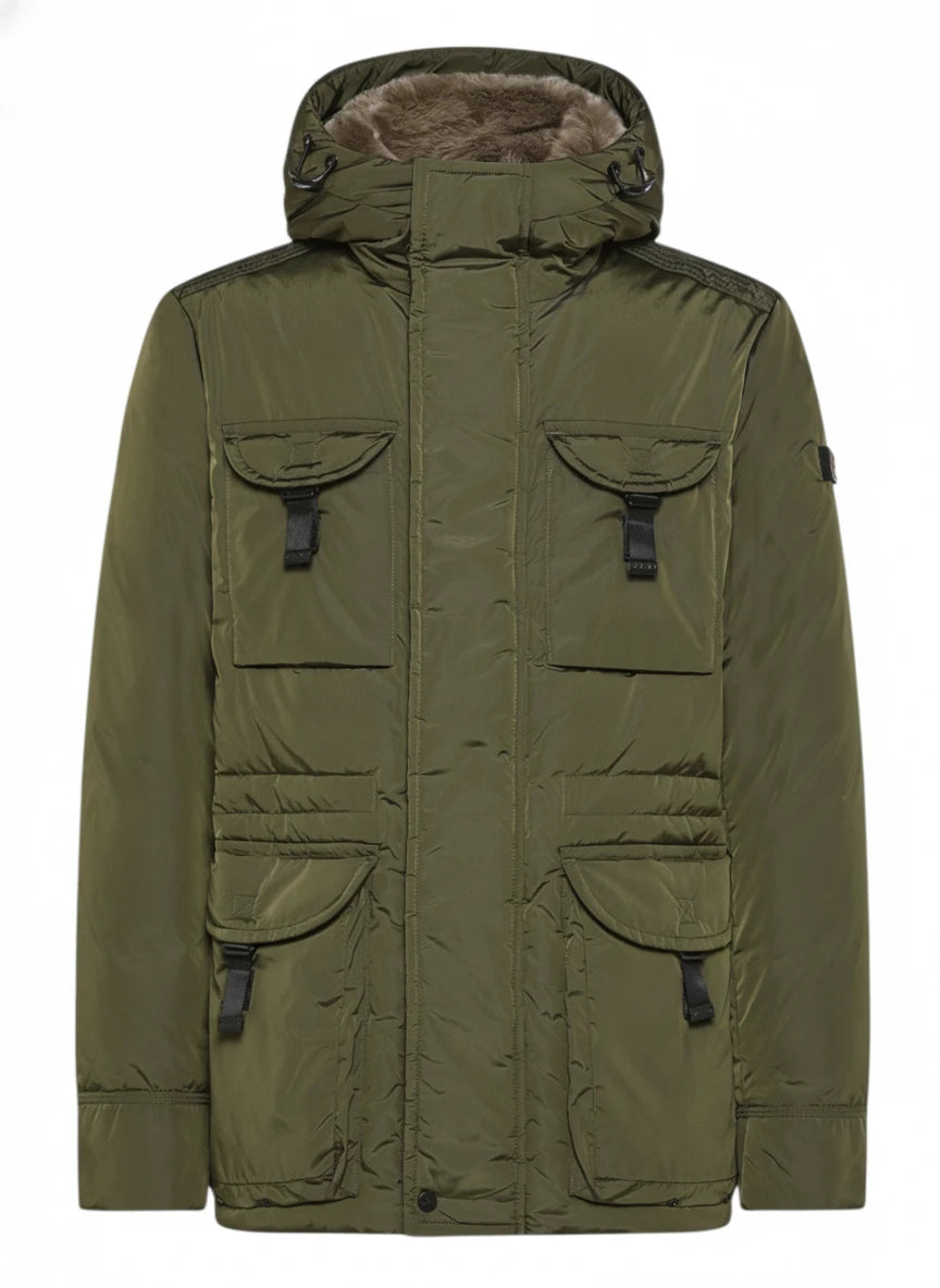 Dettaglio tessuto del field jacket Peuterey pelle scamosciata verde