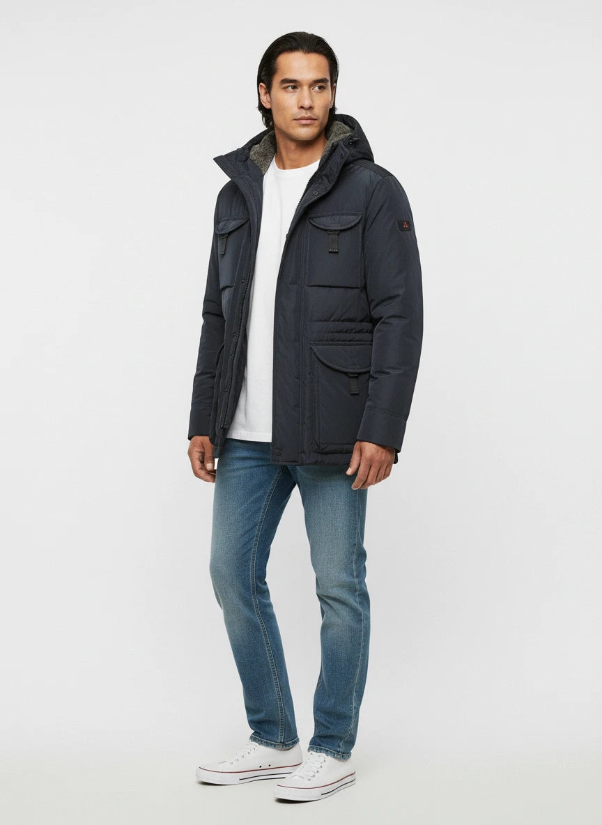 Modello a 45 gradi con field jacket Peuterey pelle scamosciata blu