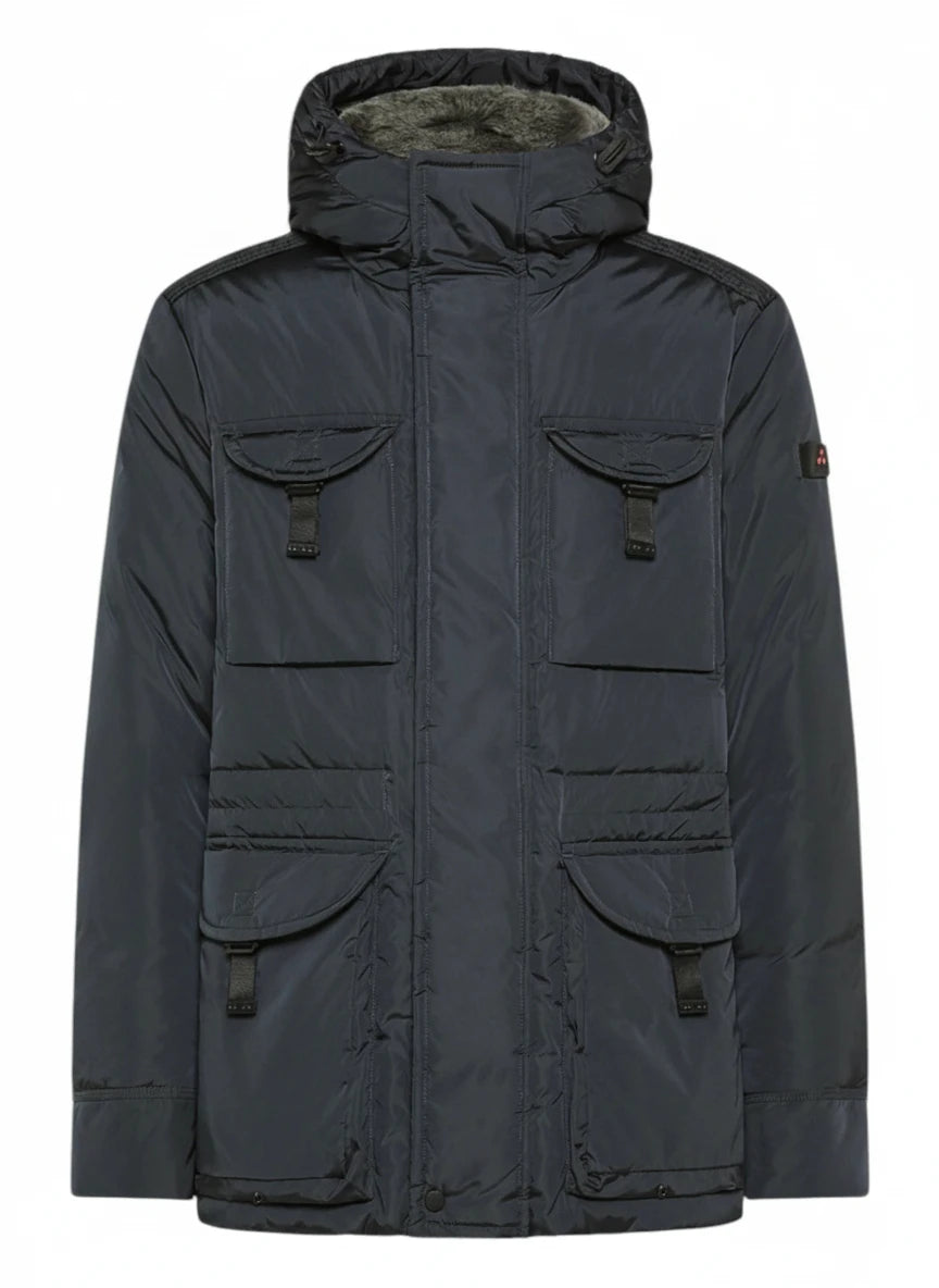 Vista posteriore del field jacket Peuterey pelle scamosciata blu