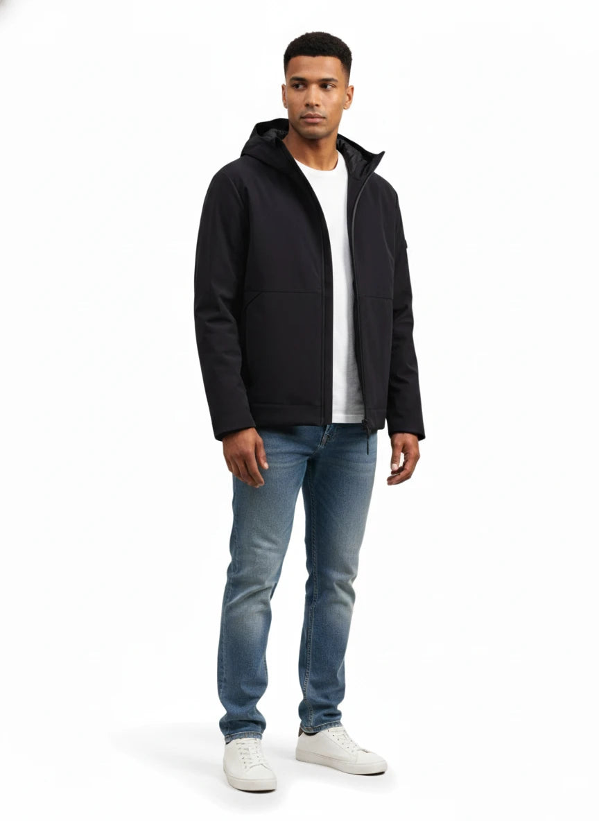 Modello a 45 gradi con bomber Peuterey nylon blu con collo particolare