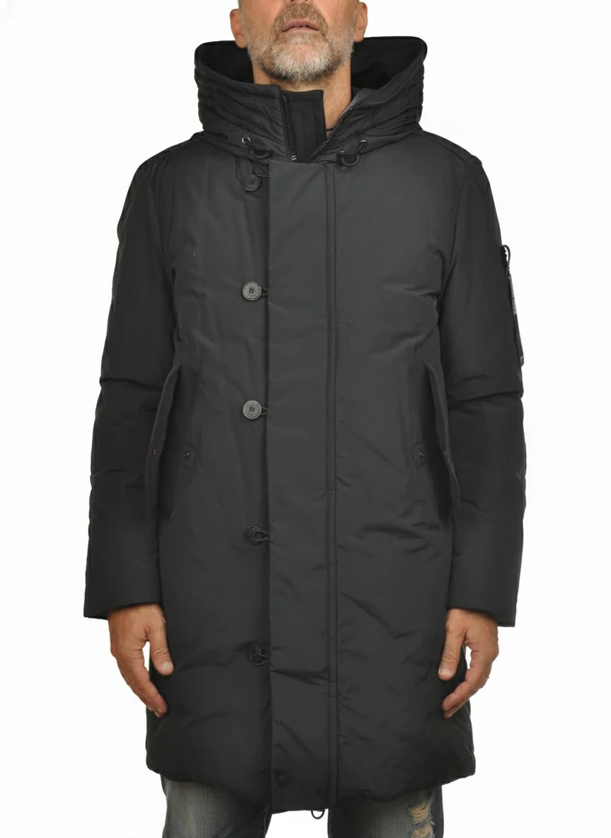 Vista frontale del giubbotto Peuterey piuma blu con cappuccio