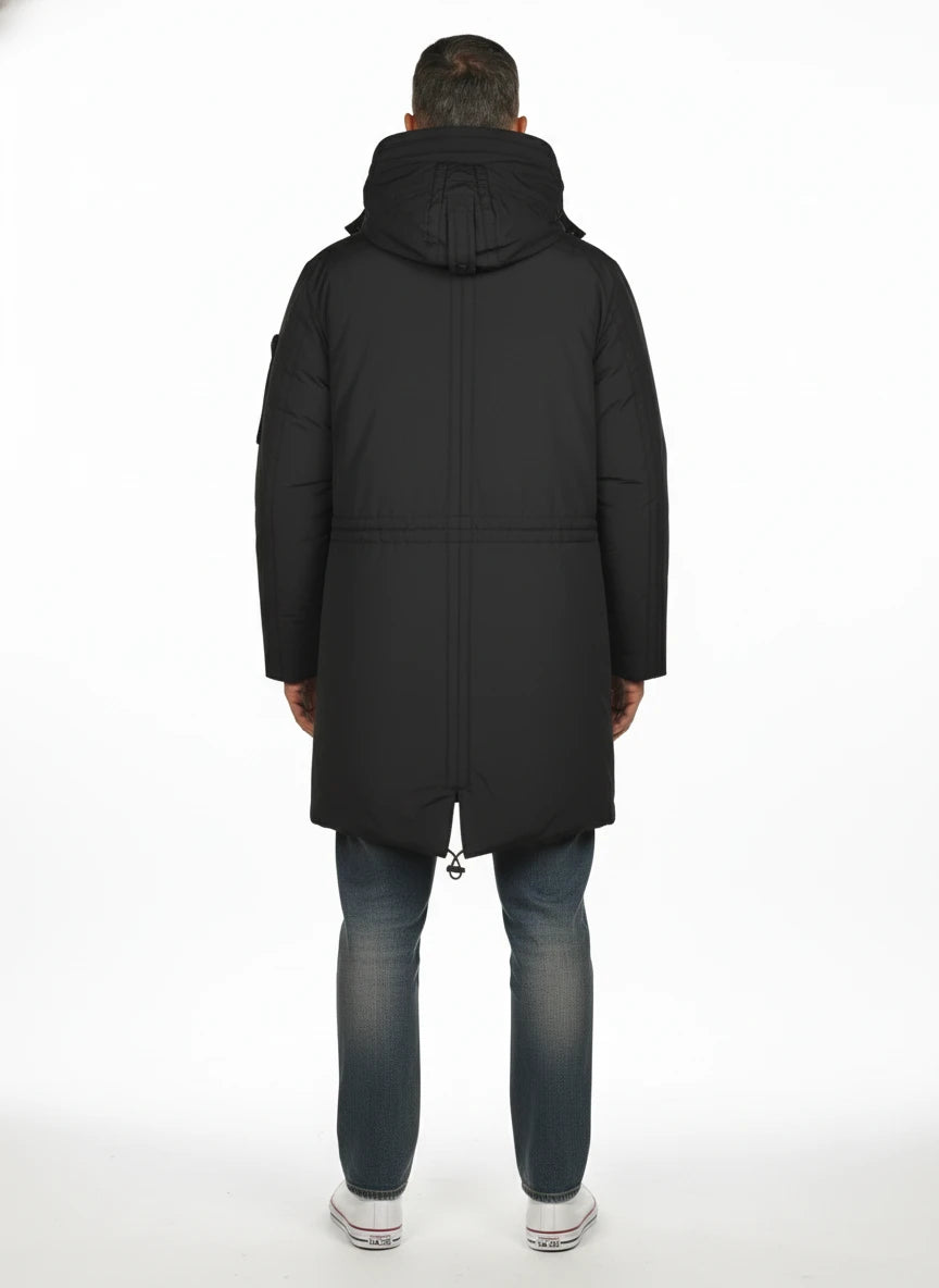 Vista da dietro del giubbotto Peuterey piuma blu con cappuccio