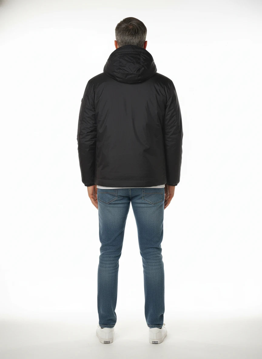 Vista da dietro del giubbotto Peuterey tessuto tecnico blu con cappuccio