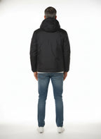 Vista da dietro del giubbotto Peuterey tessuto tecnico blu con cappuccio