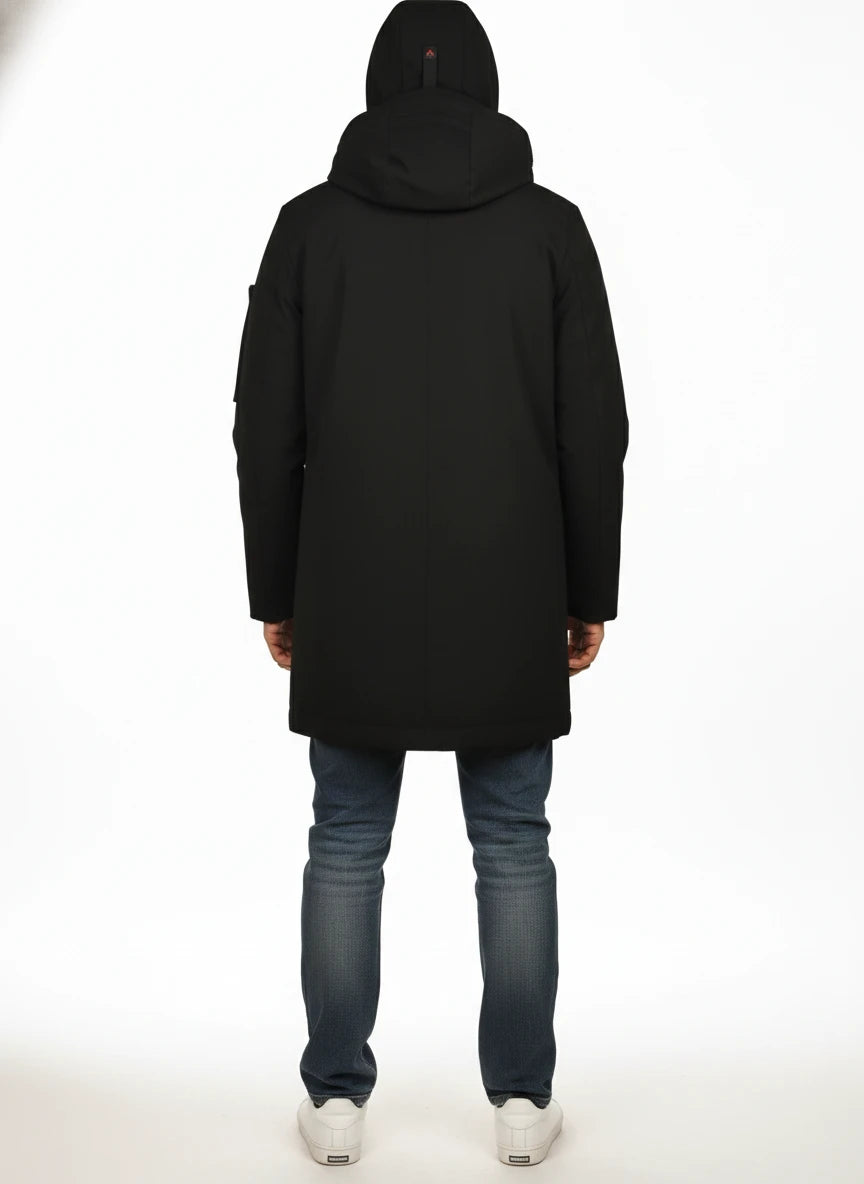 Vista da dietro del parka Peuterey tessuto tecnico nero con cappuccio