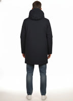 Vista da dietro del parka Peuterey tessuto tecnico blu con cappuccio